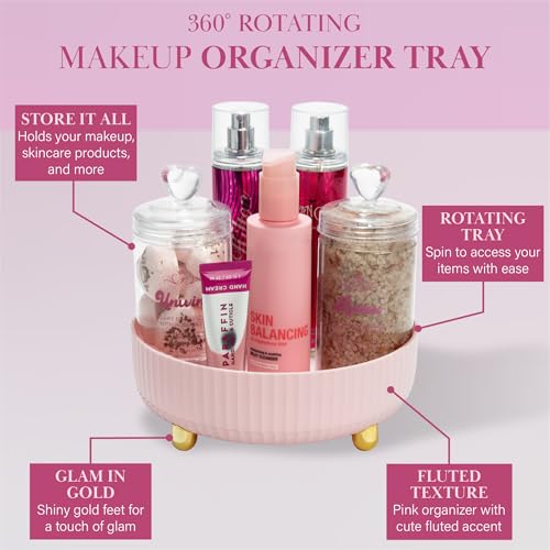 Paris Hilton 360° Rotating Makeup Organizer Tray, Large Capacity for Skincare & Beauty Essentials, Fluted Design with Gold Accents, 8.75-Inch, Pink - style: Organizer Tray