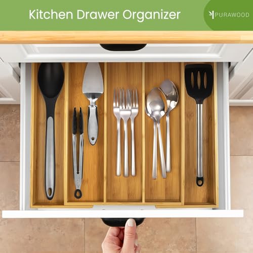 Purawood Kitchen Drawer Organizer, 2 Pack - Expandable Utensil Drawer Organizer for Kitchen, Cutlery Tray & Silverware Organizer, 3-5 Slots - Bamboo Organizer for Utensils & Flatware (Natural) - color: Natural, size: 5 Slot