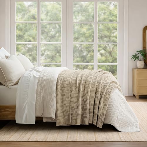 EVERGRACEHOME Modern Checkered Chenille Throw Blanket, Soft Cozy Plaid Knitted Chair Blanket for Sofa Couch, Decorative Knit Throw for Bed and Living Room, Sand Dune, 50" x 60" - color: Checkered Sand Dune, size: 50" x 60"