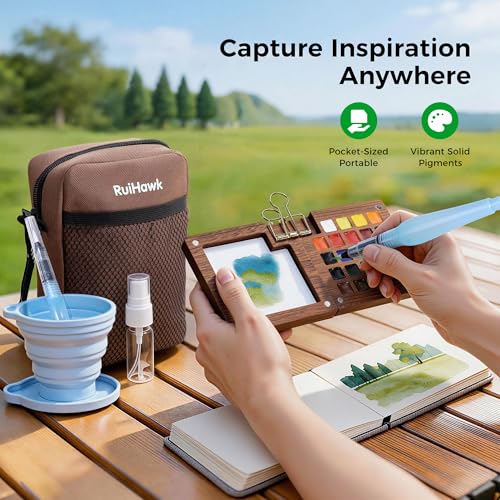24-Color Watercolor Paint Set, All-in-One Travel Water Color Kit with Wood Palette, Sketchbook & Bag, Non-Toxic Portable Painting Set for Adults, Beginners, Artists & Outdoor Urban Sketching - color: 24 Colors