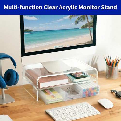 OPNICE Acrylic Clear Desk Organizers and Accessories, 2-Tier Computer Monitor Stand Riser with Drawer, Laptop Stand, Office Desk Accessories for Office Supplies, Transparent - color: Transparent 1-Pack
