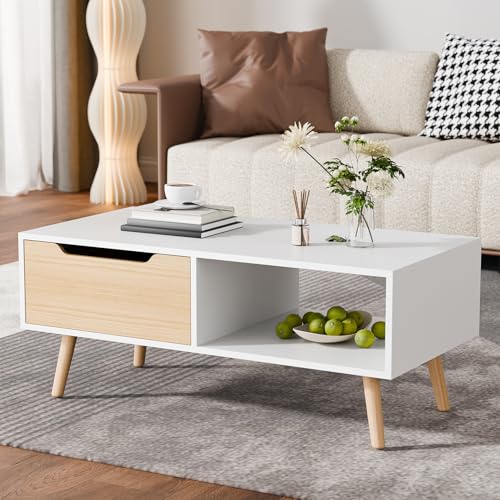 Cozy Castle Modern Coffee Table, Wooden Cocktail Table with Storage, Minimalist Hallway Table, Mid Century Modern Coffee Table for Living Room Apartment Reception, White - color: White