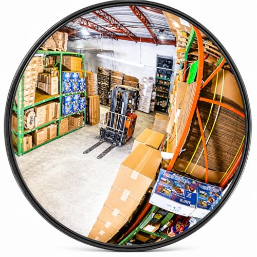 12” Acrylic Convex Mirror, Round Indoor Security Mirror for the Garage Blind Spot, Store Safety, Warehouse Side View, and More, Wall Mirror for Personal or Office Use - Vision Metalizers,Black