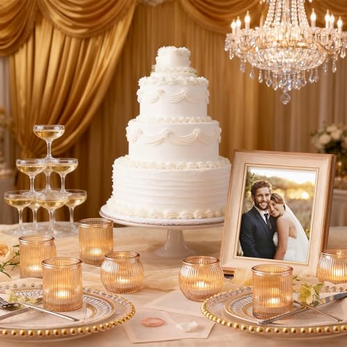 NITIME 12pcs Assorted Gold Votive Candle Holders for Wedding Decor, Ribbed Gold Tea Lights Candle Holder for Diwali, Glass Candle Holder for Fall Table Centerpiece, Party and Holiday Decorations - color: Gold