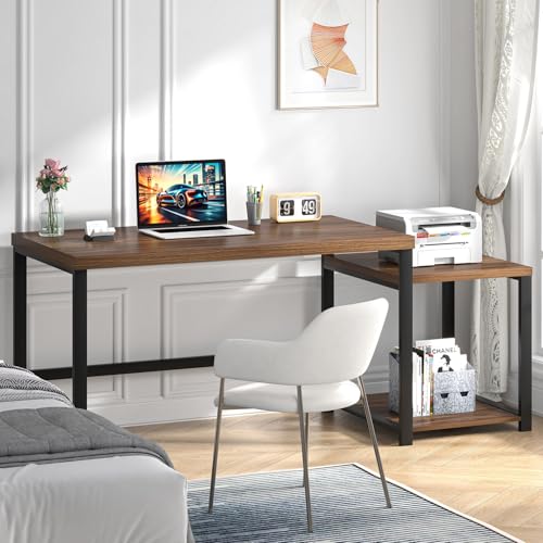 FOLUBAN Large Computer Desk, 63 Inch Home Office Desk with PC Tower Stand & Printer Space, Study Writing Gaming Table Workstation for Bedroom Living Room, Walnut - color: Walnut