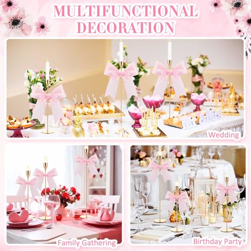 Mumufy 3 Pcs Gold Taper Candle Holder with Pink Christmas Bow Coquette Room Decor Candle Sticks Holder Fits LED Candles, Table Centerpiece Decor for Christmas Wedding Party