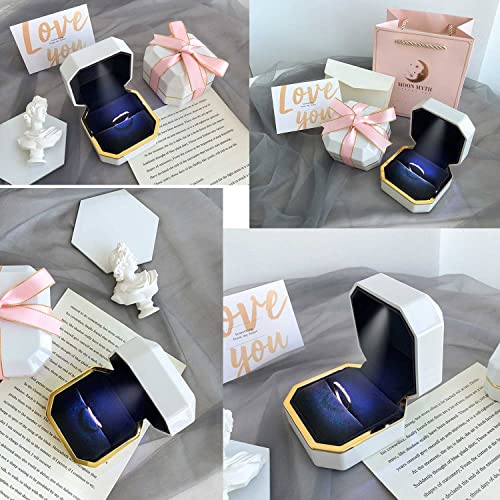 Luxury Ring Box, Square Velvet Wedding Ring Case Jewelry Gift Box with LED Light for Proposal Engagement Wedding, White - color: White, size: Ring Box