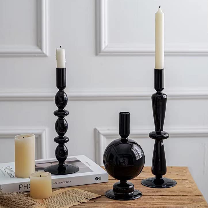Candle Stick Candle Holder, Glass Candle Holders for Table Centerpiece, Modern Style Black Candle Holder Mixed 4pcs - color: Black