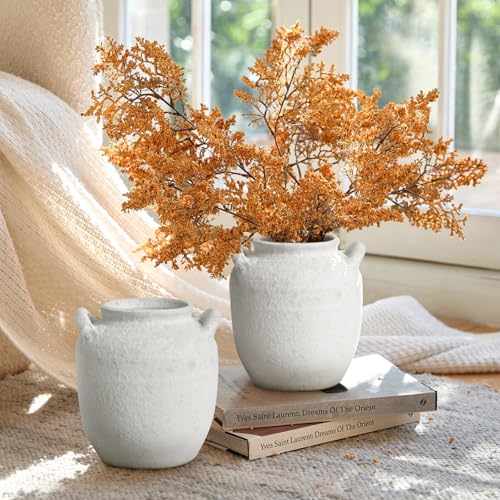 Ceramic Flower Vase, 6.5 inch White Farmhouse Table Rustic Vases, Handcrafted Weathered Pottery Vases, Small Flower Terracotta Vase for Home Decor, Living Room, Table, Shelf, Fireplace