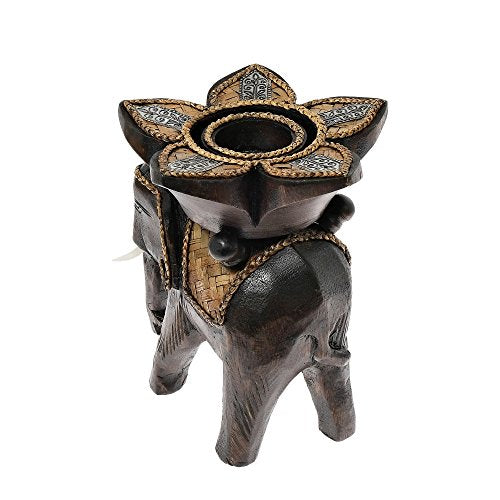 AeraVida Royal Elephant with Flower Candle Holder Rain Tree Wood Handmade | Living Room Candle Décor | Handmade Candle Holders | Living Room Decor | Candle Holder