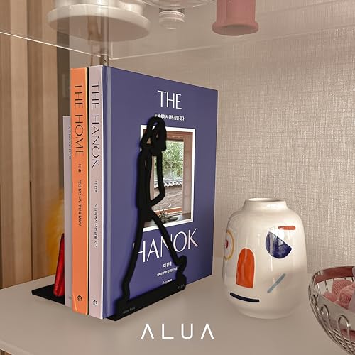 ALUA - Metal Bookend Modern Line Art Design Heavy-Duty and Scratch-Resistant Space-Saving Organizer (A, Black)