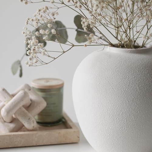 White Ceramic Vase 7.9 inch Round Minimalist Leak-Proof Vases for Flowers with Soft Pads, Modern Farmhouse Decor for Living Room