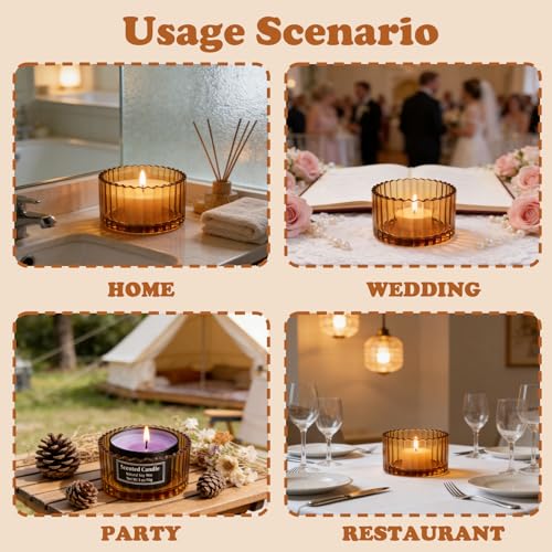 Glass Candle Holder Dish – Amber Glass Candle Holder with Striped Design for Home Decor,Snack Jewelry Holde Dish Accessories Updated Style Brown - color: Brown
