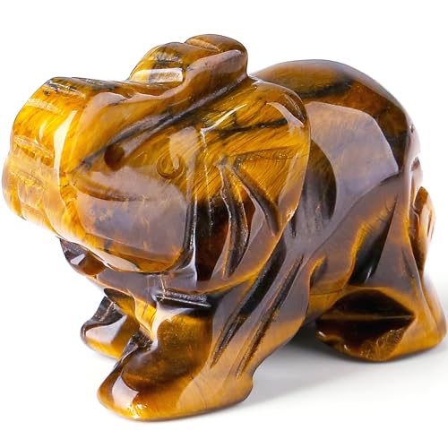 QINJIEJIE Tiger Eye Elephant Crystals Elephant Decor Healing Crystal Statue Pocket Polished Guardian Stones Figurine Office Room Cute Desk Gem Decor Spiritual Gift Christmas Meditation - color: Yellow Tiger Eye