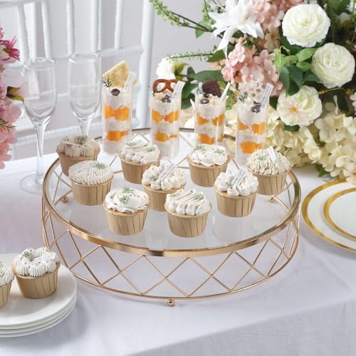 Efavormart 14" Round Gold Metal Geometric Cake Stand with Glass Top - Glossy Metallic Dessert Riser for Cupcake, Pastry and Candy Display Centerpiece