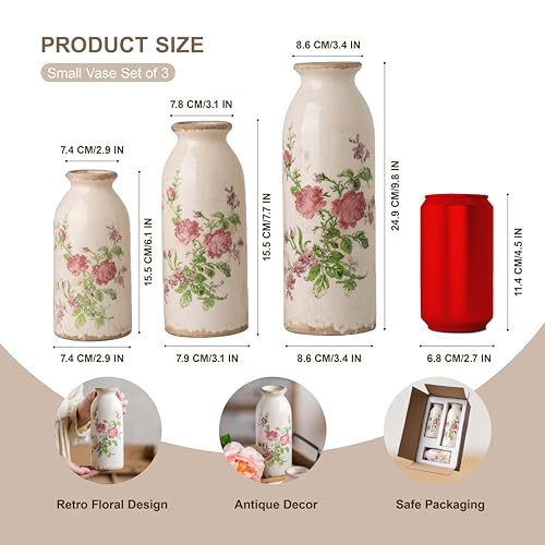 Vintage Vase Set of 3, Ceramic Vintage Flower Vases, Decorative Home Decor Retro Floral Vase Rustic Farmhouse Decor for Table Bookshelf Mantel Kitchen Living Room Office - Pink Flower - color: Pink Flora, size: set of 3