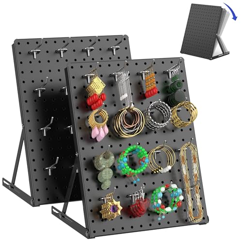 2 Pack Pegboard Display Stand, Sturdy Anti-tip Design,Small Peg Board Tabletop with 24 Hooks, Adjustable Metal Peg Board for Vendor Display, Craft Show, Jewelry Display 16''X12'' – Black - color: Black