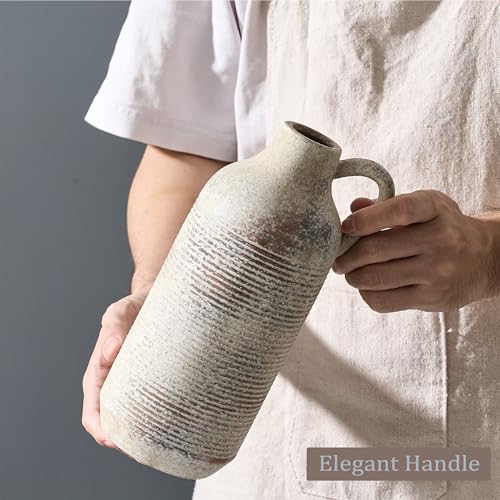 PORCER Ceramic Rustic Vase for Home Decor, Terracotta Vase with Handle, Handcrafted Vintage Decorative Flower Vase for Farmhouse, Living Room, Table, Fireplace, Nightstand - Natural Brown - color: Natural Brown- 10.16"