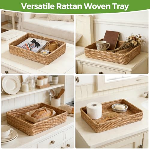 Wicker Storage Tray, Rattan Basket Rectangular for Bathroom Living Room, Decorative Serving Woven Trays Wicker Baskets for Organizing Home Decor XL(17.7" × 13.4") - style: XL (17.7" × 13.4")