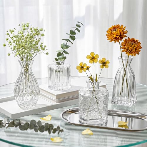 Glass Bud Vases Set of 4, 4 Sizes of Small Flower Vase for Party or Home Table Decorations