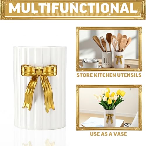 LemonRoad Ceramic Utensil Holder Kitchen Handmade Gold Bow 3D Cooking Utensil Crock with Scalloped Edge Design Vintage Retro Storage Caddy Organizer Vase Decor for Kitchen Accessories Countertop Gift - color: Gold, style: Bow