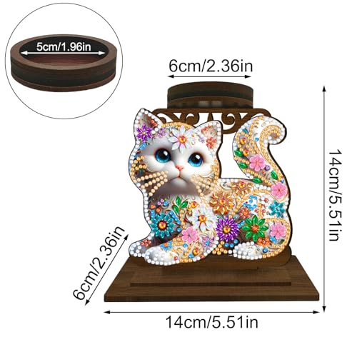 BAYUNOE DIY Candlestick Holders Wooden Desktop Diamond Art Painting Candle Holder Double-Sided Diamond Vintage Modern Decorative for Table Mantel Wedding Dinning Party-Cat - color: Cat
