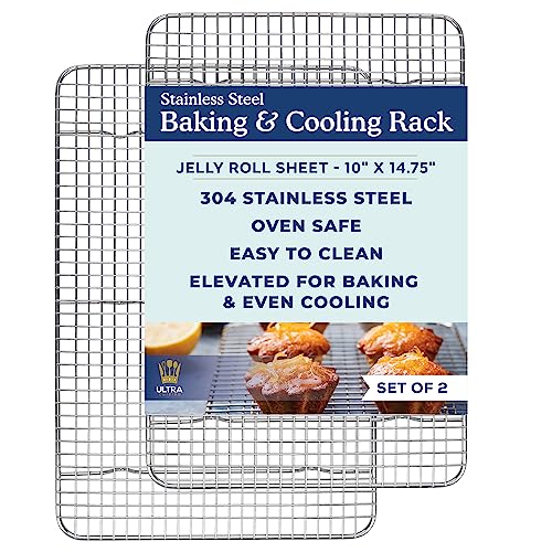 Ultra Cuisine Oven-Safe, Dishwasher-Safe 100% Stainless Steel Cooling & Baking Rack Set - Jelly Roll Sheet Pan Size - Heavy Duty - 10 x 14.7" - Set of 2 - Wire Cooling Racks for Baking & Cooking - size: 10.0" x 14.75" 2-Pack