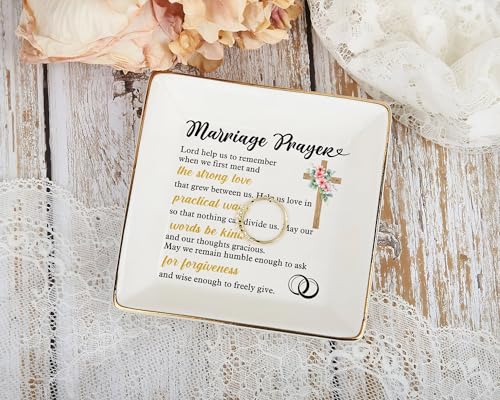 Christian Wedding Gifts for Couple, Marriage Prayer 4" Ceramic Jewelry Dish for Women, Religious Wedding Gift for Newlyweds, Wife - Married Couples Anniversary - Mr & Mrs, Bridal Shower Gift - color: Marriage Prayer