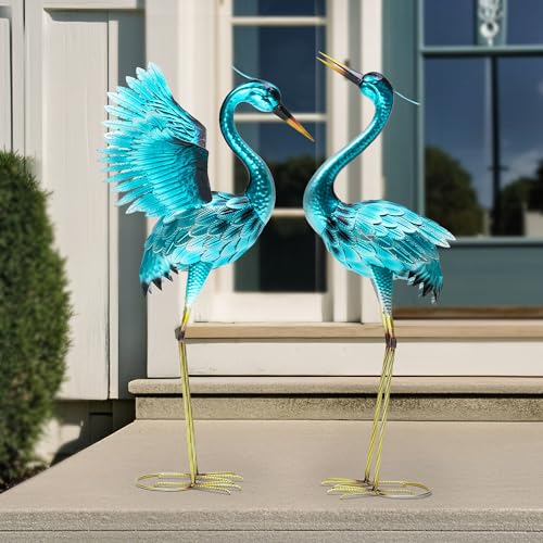 36.75" Metal Crane Garden Statue, Handcrafted Oversized Blue Heron Decor Sculptures with Stable U-Ground Stakes, Backyard Decoration, Metal Garden Bird Animal Yard Art, Lawn Ornament Decor - color: 35.5" -Bright Blue