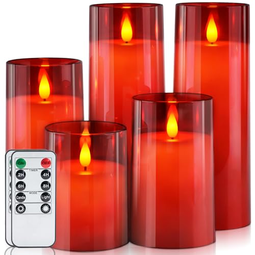 Homemory Christmas Red Flickering Flameless Candles, Battery Operated Acrylic LED Pillar Candles with Remote Control and Timer, Set of 5 - color: Red