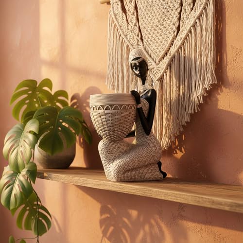 Lescafita Handmade White African Tribal Woman Sculpture - Crystal Earrings & Basket Statue, Ivory Resin Home Decor for Modern Shelves/Tables, Elegant Housewarming Gift (9.65" H) - color: 305-white