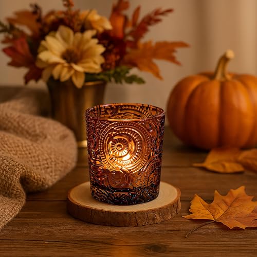 12 Pack Sun Moon Star Embossed Glass Tea Light Candle Holders - Votive Candle Holders for Wedding, Party, Home Decor, and Table Centerpieces (Chestnut Brown) - color: Chestnut Brown
