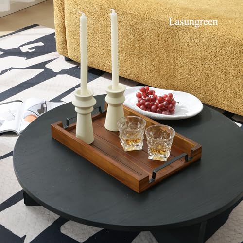 17" x 11" Acacia Wood Serving Tray with Black Iron Handle. Coffee, Decorative, Whiskey, Wooden Tray for Kitchen, Living Room, Bedroom Entryway, Hallway - Rustic Tray (Brown)