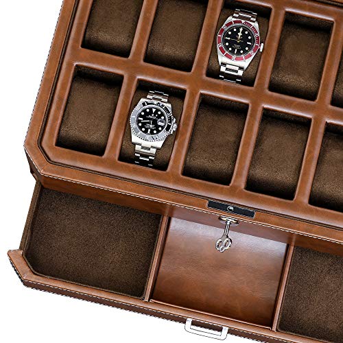 ROTHWELL 12 Slot Leather Watch Box with Valet Drawer - 12 Slot Luxury Watch Case Display Organizer, Microsuede Liner, Mens Accessories Holder, Jewelry Case, Jewelry Display Organizer (Tan/Brown) - color: Tan/Brown
