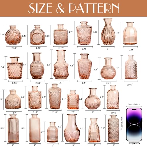 Petal Petite Glass Vase Set of 24 Small Amber Glass Bud Vases, Mini Vintage Flower Vases for Wedding Centerpieces & Table Décor, Champagne Vases in Bulk for Single Stem, Home and Office Decor - color: Amber