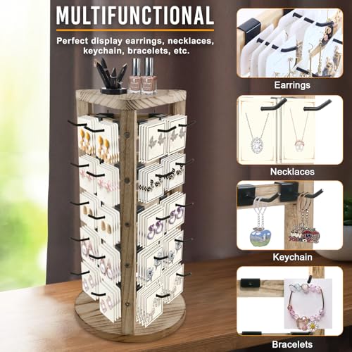 Wood Rotating Earring Display for Vendors, Wooden Jewelry Display for Vendors with 30 Removable Hooks 5 Tier Tabletop Necklace Display Stand Key Chain Display