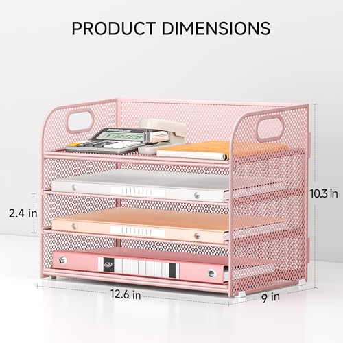 4-Tier Paper Organizer for Desk With Handle, Mesh Desktop File Tray, Office Classroom Organization and Storage - Pink - color: 4 Tier - Pink
