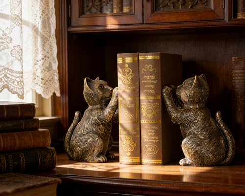 Vintage Cat Bookends for Shelves, Heavy Duty Bookends, Vintage Decorative Bookends for Kids Books, Non-Skid Design, Cat Statue Enthusiasts Gifts - color: Vintage