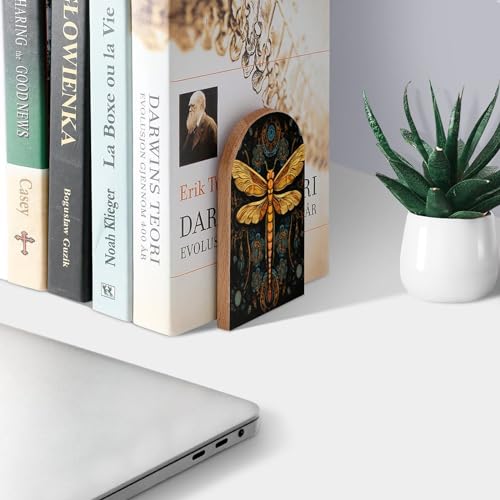 Mandala Dragonfly Book Ends Decorative Wood Bookends for Shelves Kids Room Desk Home Office Book Stoppers for Magazines,Books, DVDs, 1 Pair/2 Pieces(5x3.1 in)