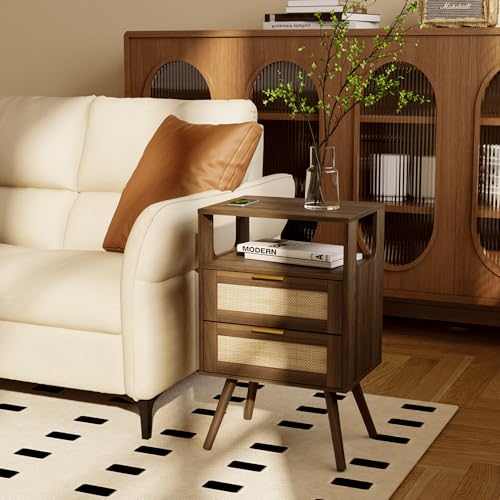 JOONEE Rattan Nightstand,Farmhouse Bedside Table with 2 Storage Drawer and Open Wood Shelf, for Bedroom and Small Spaces,Night Stand with Solid Wood Legs (Walnut Brown) - color: Walnut Brown