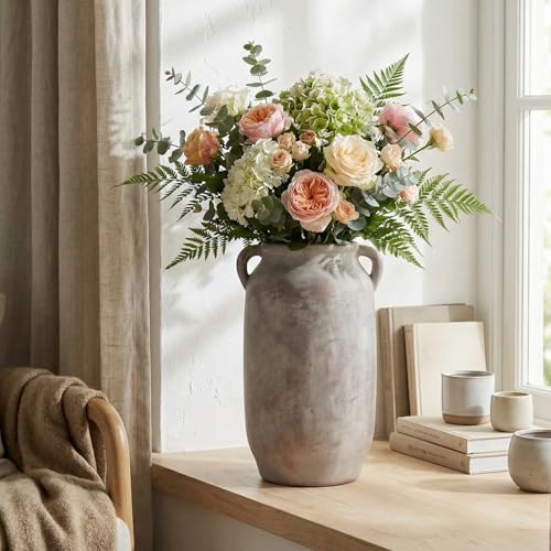 11.5 Inch Tall Ceramic Flower Vase with Handle, Terracotta Farmhouse Rustic Decor | Waterproof Table Centerpiece for Living Room, Kitchen Shelf & Dining Table | Vintage Pottery Home Decoration - size: 11.5inch