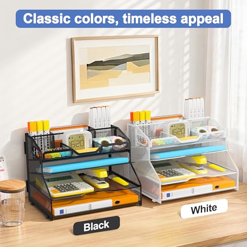 4 Tier Desk Orgnizers and Accessories, Metal Magazine File Holder with Pencil Holder and Handles, Space Saving Desktop Storage for School Office Supplies(Black) - color: Black-4