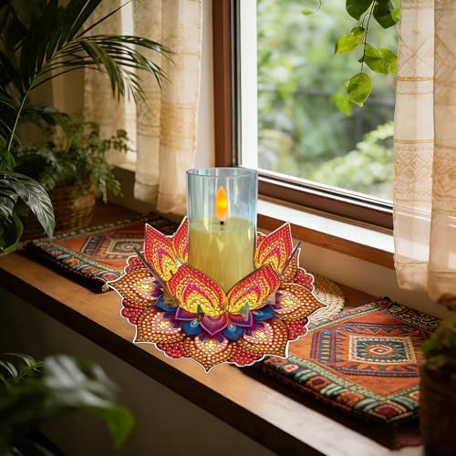 DIY Diamond Art Painting Candlestick Holders 5.71in Mandala Flower Shape Desk Candle Tray Tabletop Ornaments for Wedding Ramadan Party Home Table Centerpiece-Mandala12 - color: Mandala12