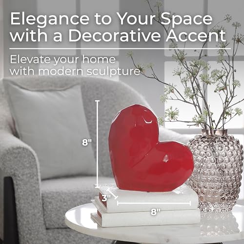 Decorative Ceramic Heart Sculpture for Home Decor - Ornaments for Bathroom, Office, and Living Room Decor - Modern Figurine Accent for Bedroom, Shelf Display, and Coffee Table - 8", Red - color: Red, size: 8x3x8