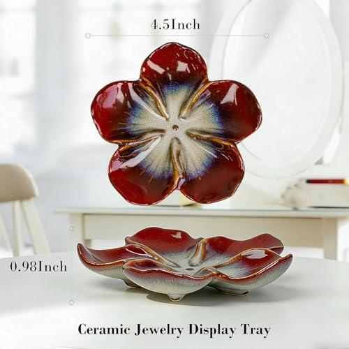 SEEDUSTRY Ceramic Jewelry Tray, Petal Ring Dish, Small Ceramic Jewelry Trinket Holder, Desktop Decoration, Dainty‌ Plate for Rings, Earrings, Necklace, Gifts for Mother Girlfriend Daughter Sister - color: Ink Red