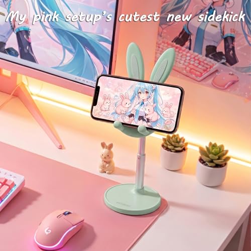 OATSBASF Cute Cell Phone Stand, Adjustable Bunny Phone Stand for Desk, Thick Case Friendly Holder Compatible with iPhone, Kindle, iPad, Switch, All Phones (Green) - color: Green