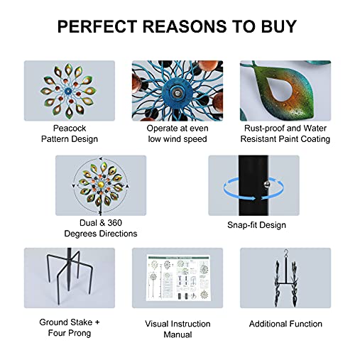 63 Inch Kinetic Wind Spinners with Stake, Metal Windmill Garden Decorations, 360 Swivel Peacock Outdoor Wind Sculpture, Dual Direction Wind Catcher for Yard Art, Lawn Decor, Idea Gifts - size: Medium