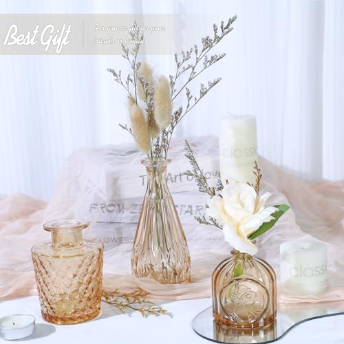 TBWIND Glass Bud Vase Set of 5, Small Amber Flower Vases for Centerpieces in Bulk, Mini Vintage Vase for Wedding Decor, Single Flowers, and Home Table Décor - color: 5pcs-amber