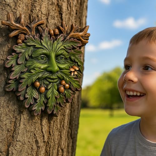 Green Man Wall Plaque – Celtic Tree Spirit Resin Sculpture for Home or Garden Décor – Forest Face Wall Art, Pagan Wiccan Celtic Decor, Outdoor Garden Hanging Ornament, Hand-Painted Resin Greenman