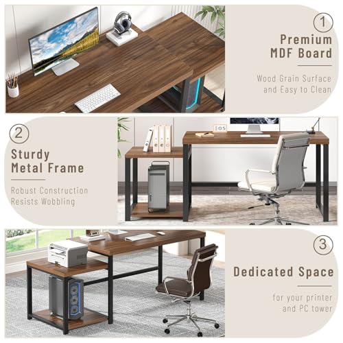 FOLUBAN Large Computer Desk, 63 Inch Home Office Desk with PC Tower Stand & Printer Space, Study Writing Gaming Table Workstation for Bedroom Living Room, Walnut - color: Walnut